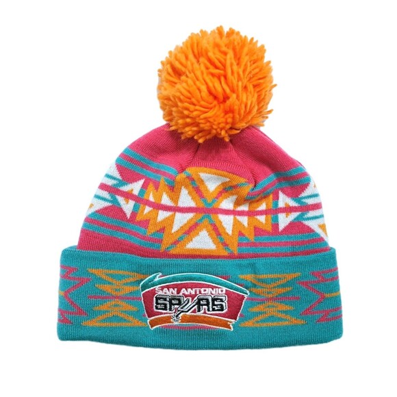 San Antonio Spurs Mitchell Ness Pom Knit Ski Hat Cap Beanie Southwest Aztec - Picture 1 of 4